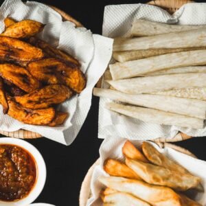 Yam, sweet potato, and plantain fries with pepper sauce - BBF