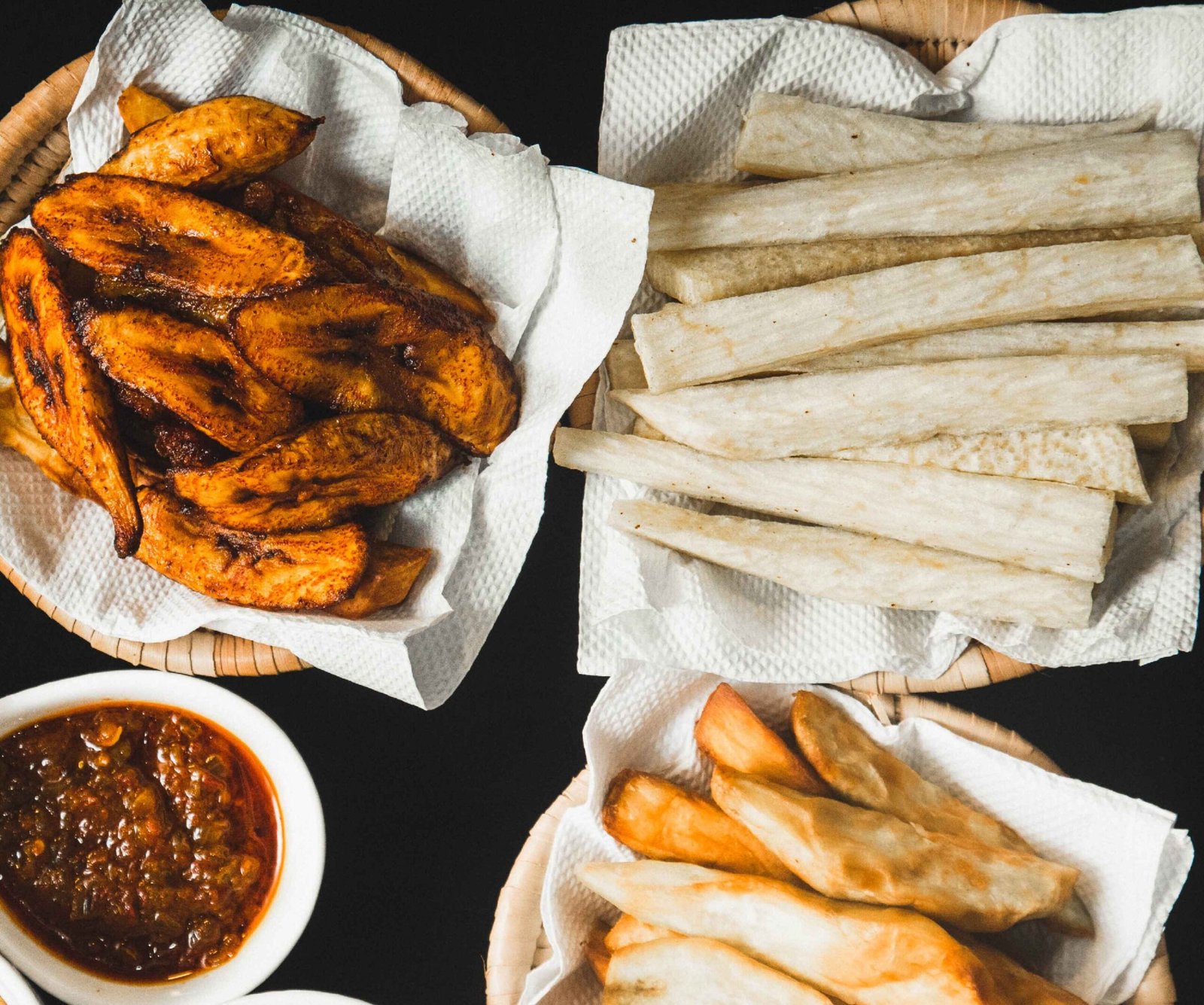 Yam, sweet potato, and plantain fries with pepper sauce - BBF